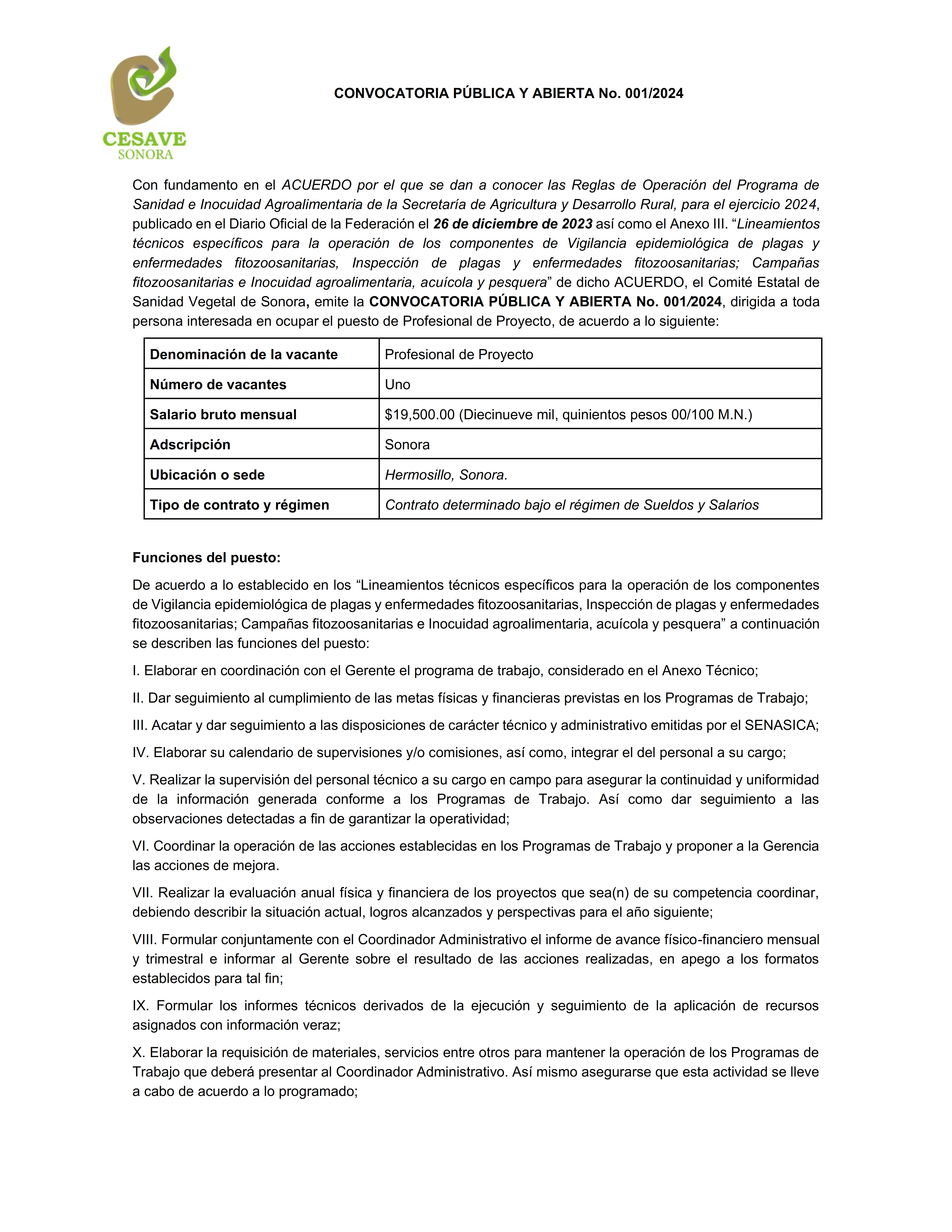 CESAVE - CONVOCATORIA PUBLICA Y ABIERTA NO. 001/2024